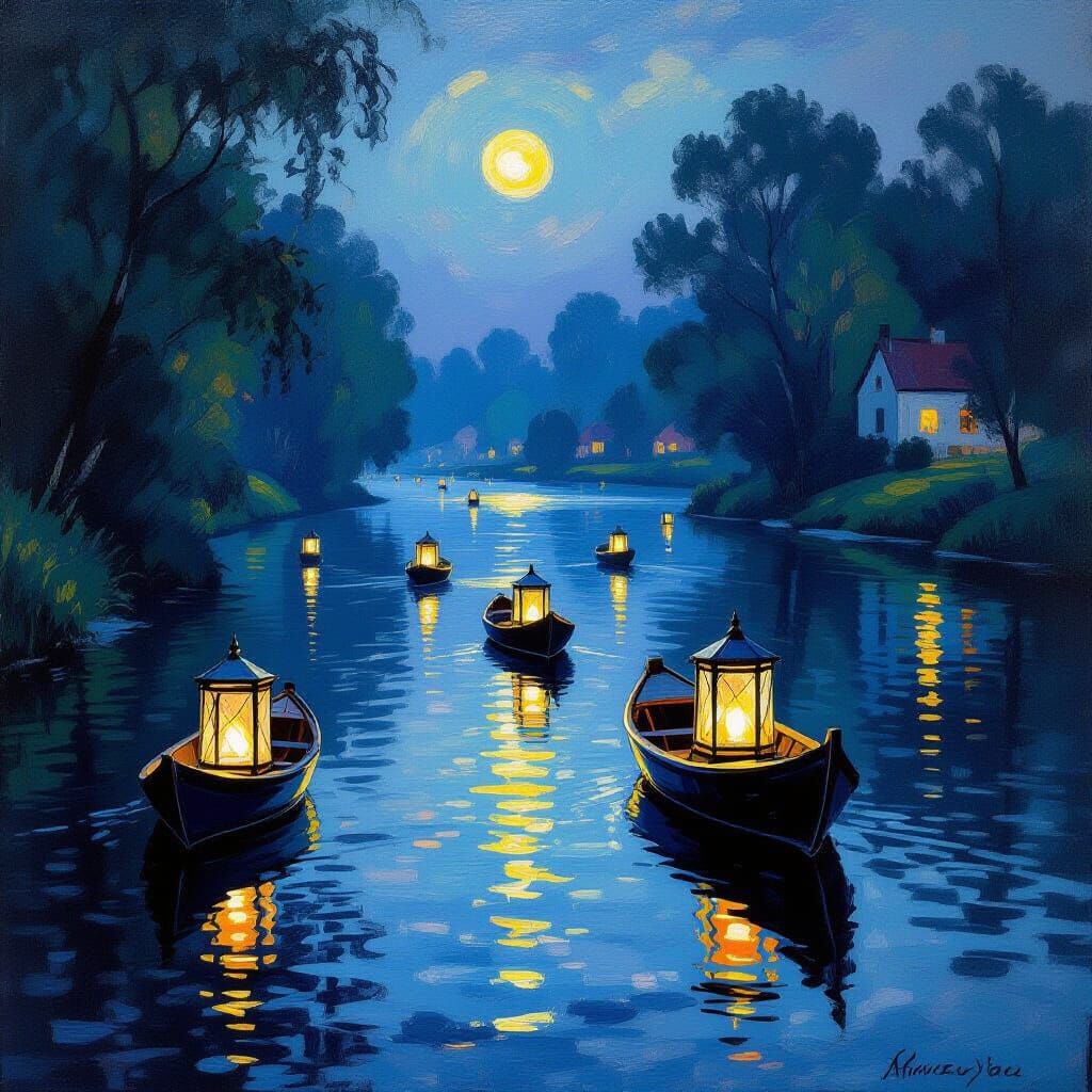 Lanterns on River at Night as Impressionist Painting