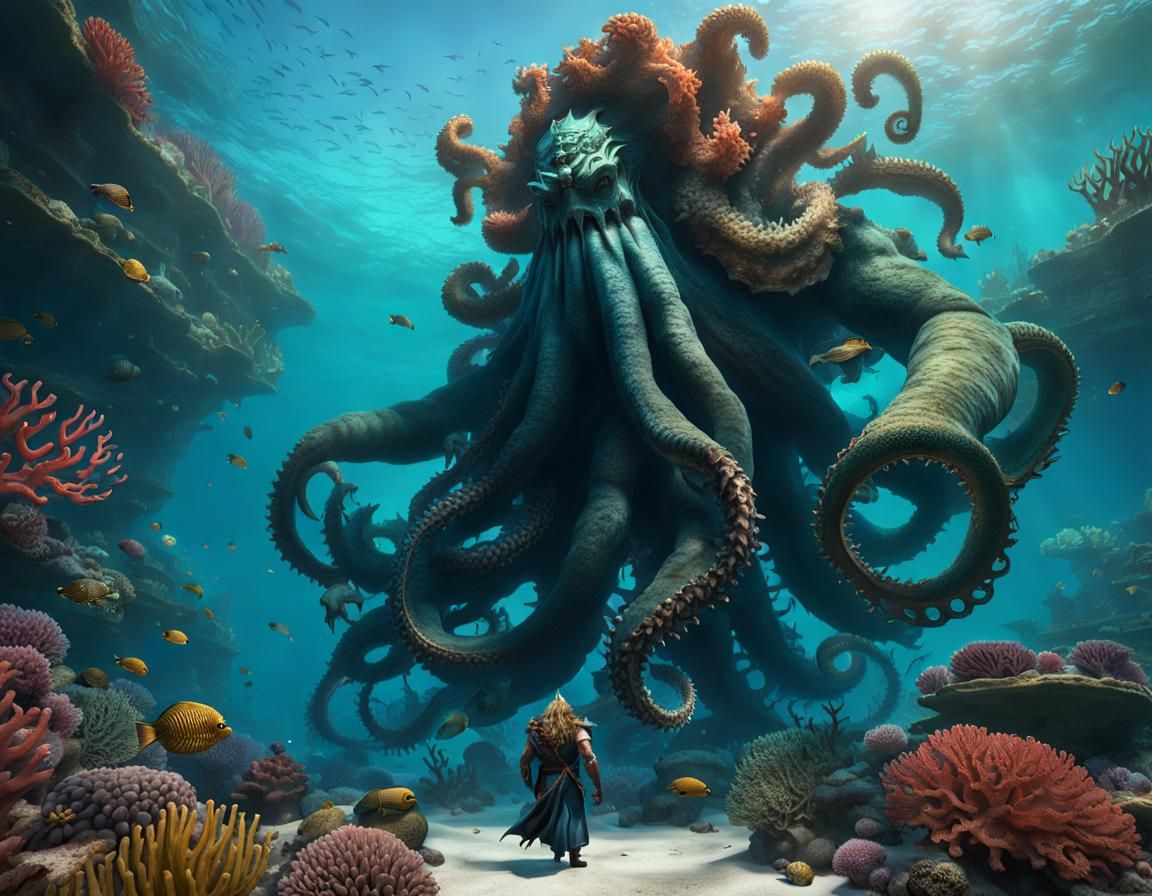 Poseidon Walks His Kraken Through Coral Reef