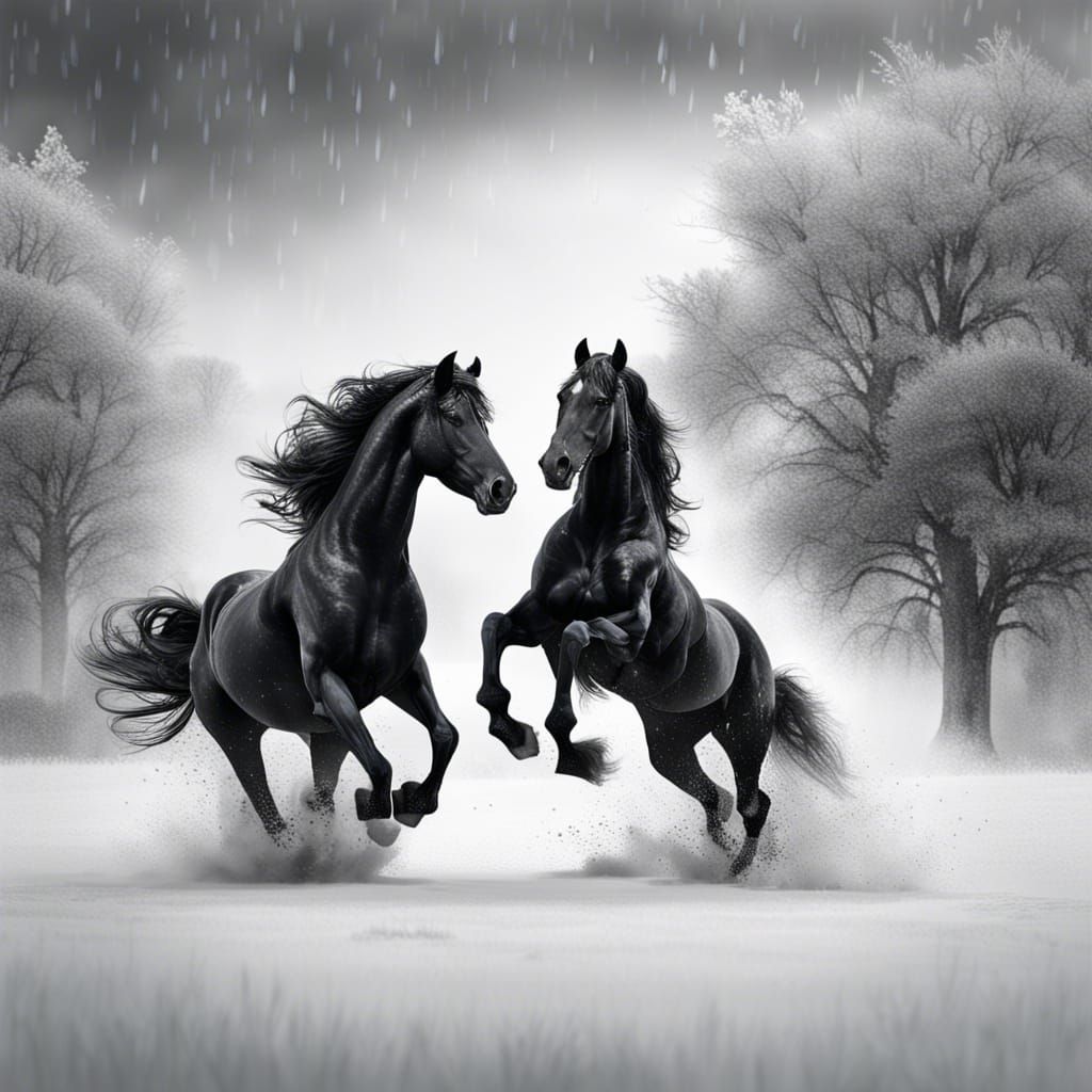 Friesian Horses Playing in Winter Storm, Splash Art