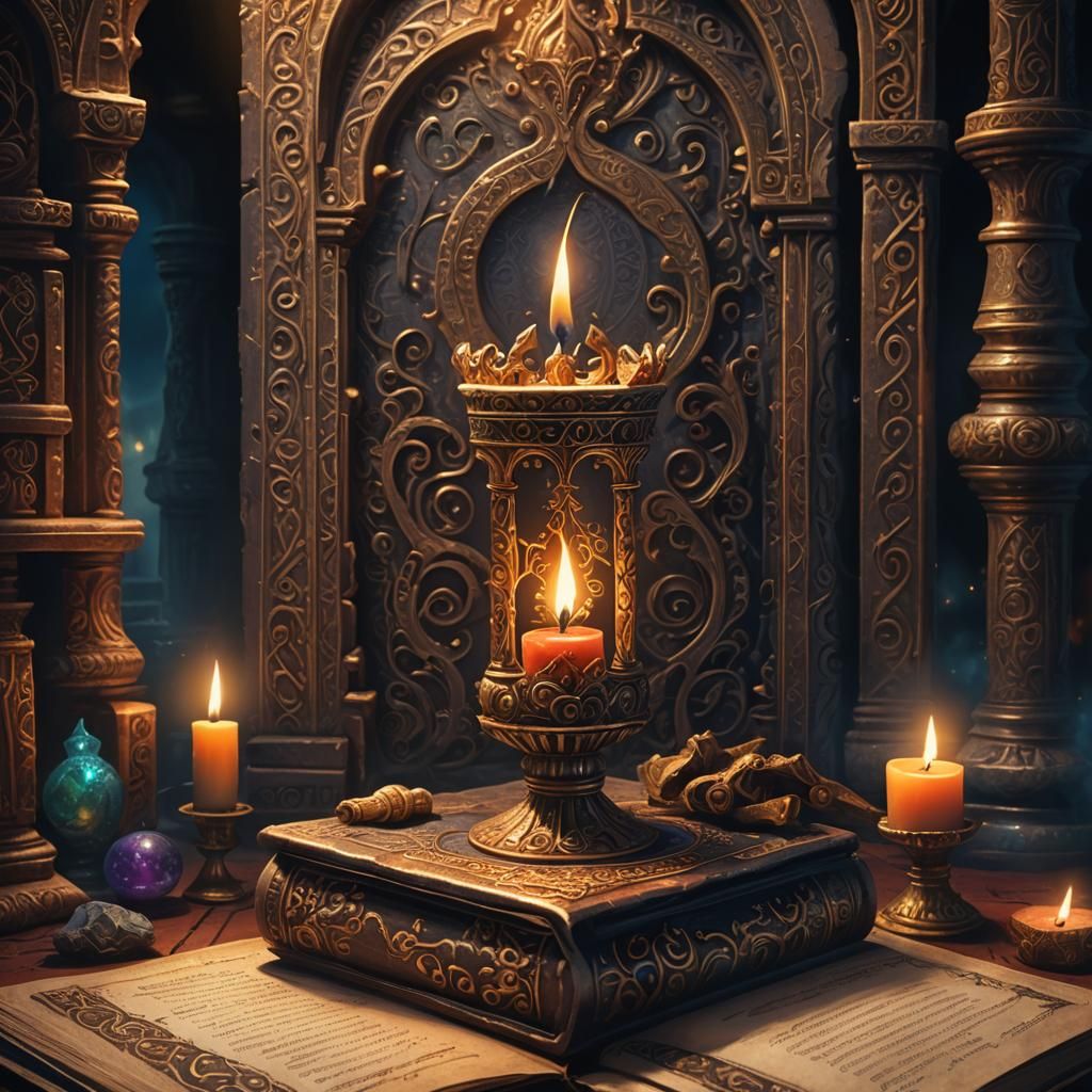 Ornate Candle on Ancient Tome: Fantasy Concept Art