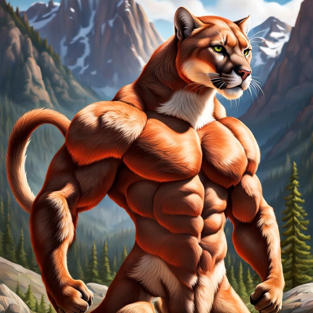 Anthropomorphic Mountain Lion Character with Red Hair