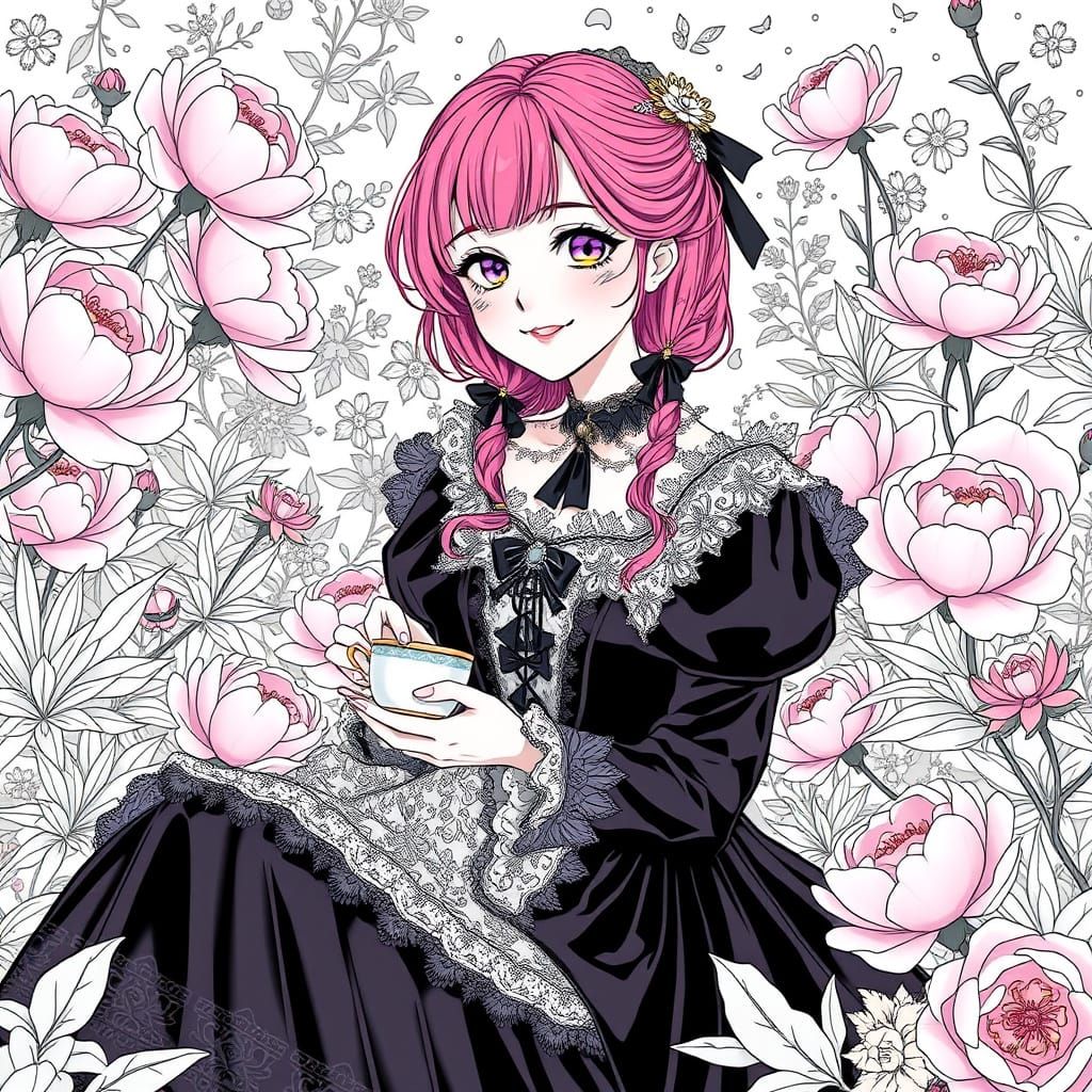 Elegant Gothic Hostess in a Lush Black and White Garden Scen...