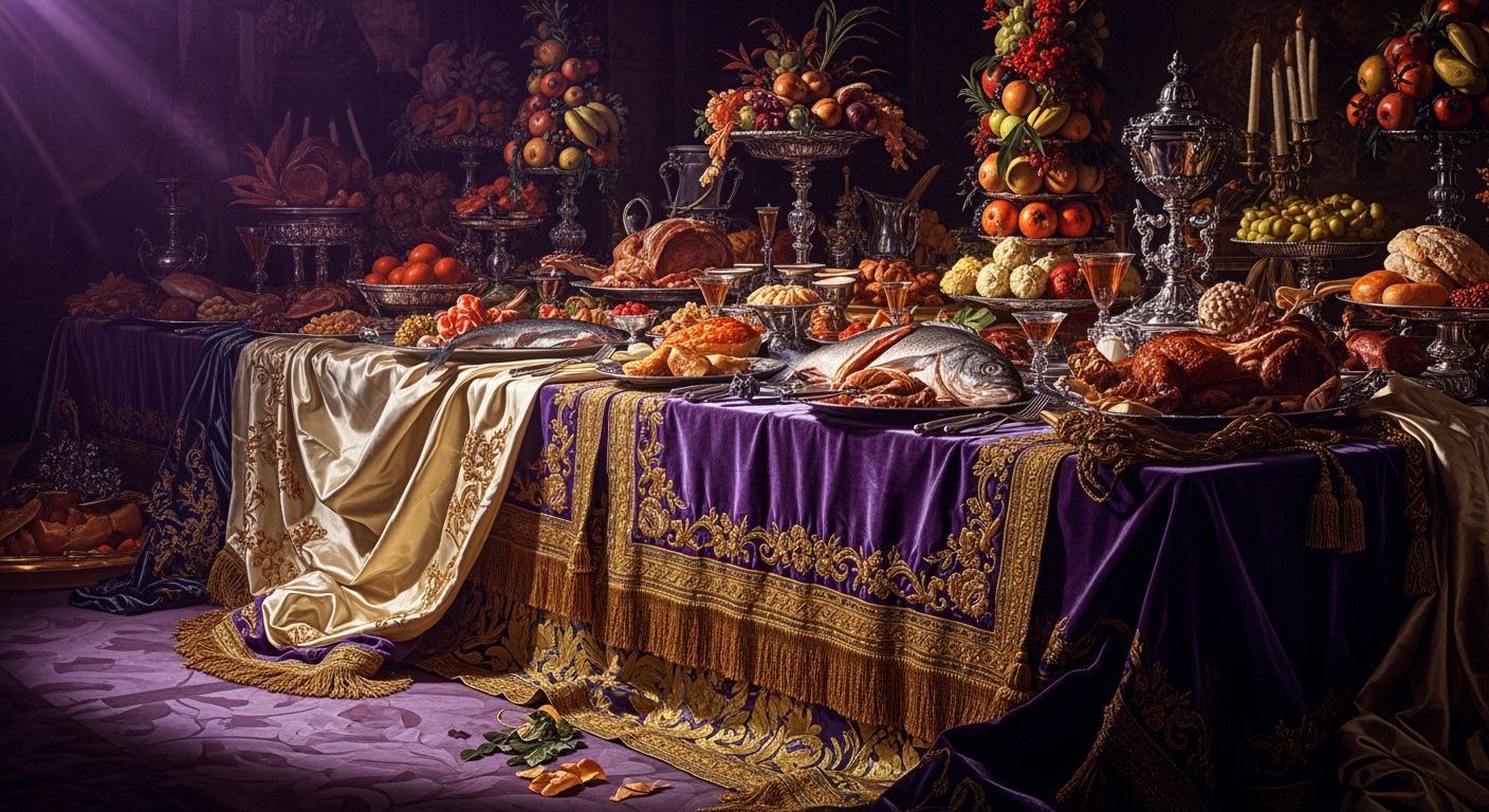 Baroque Banquet Scene with Violet and Gold Tones