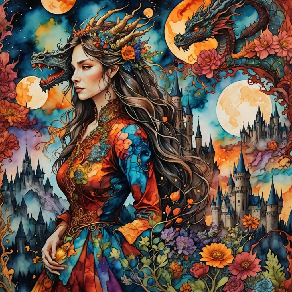 Surreal Alcohol Ink: Woman, Dragon, Fire