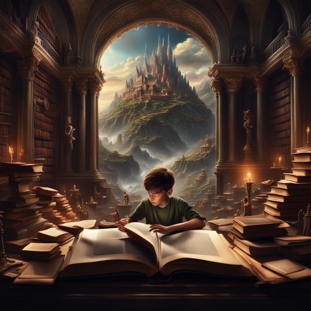 Boy Opens Book to Reveal Story in Digital Painting