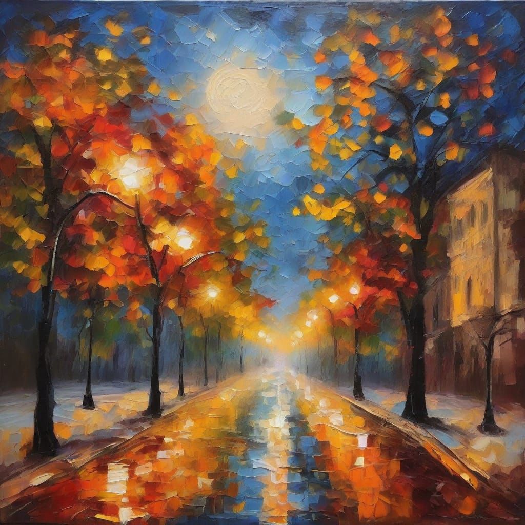 Luminous Moon and Cityscape as Impasto Oil Painting