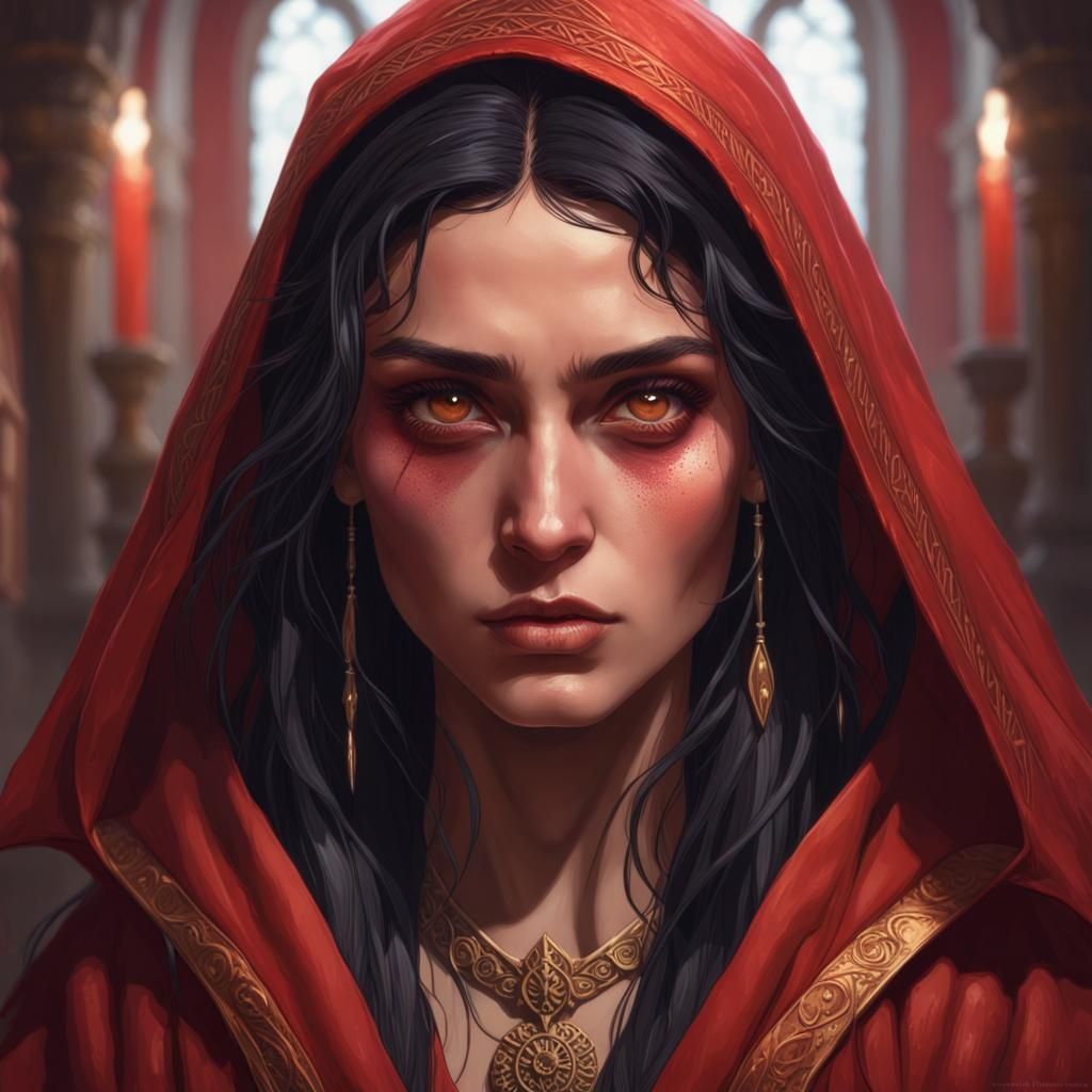 Eerie Portrait of a Romani Woman in Red Robes