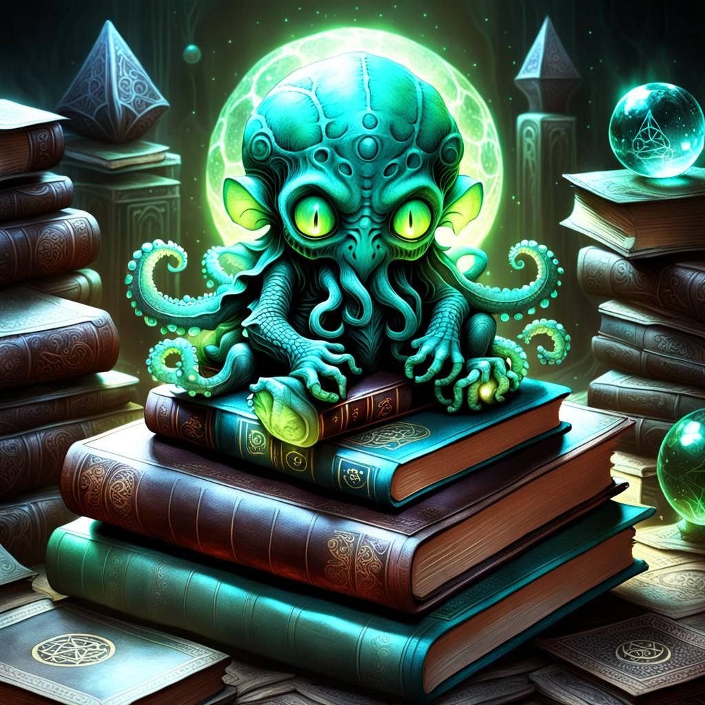 Baby Cthulhu on Ancient Books in Digital Painting Style