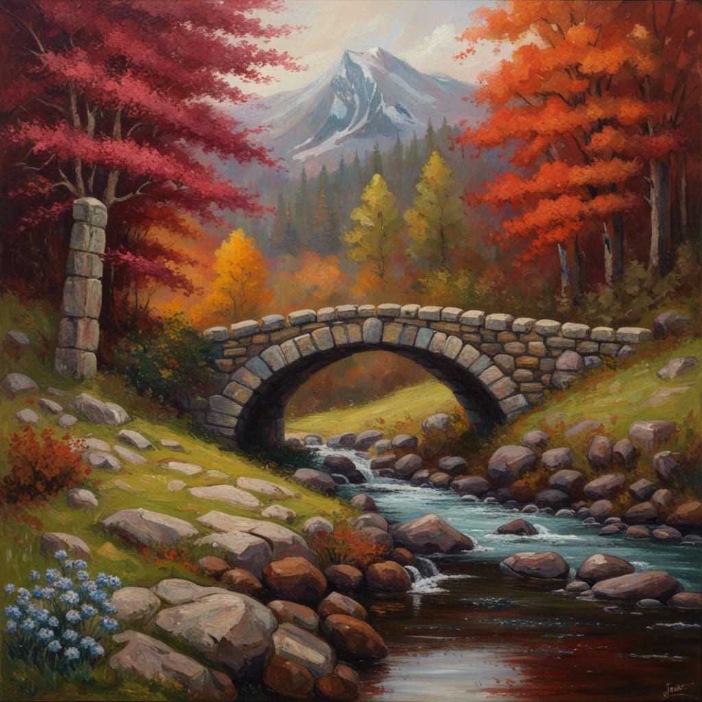 Picturesque Gothic Cottagecore Bridge in Autumnal Landscape