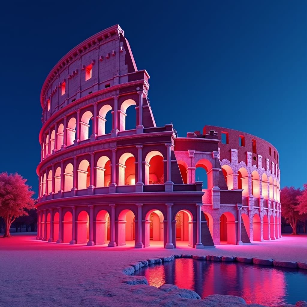 Hot Pink Colosseum Against Indigo Sky: Matte Painting