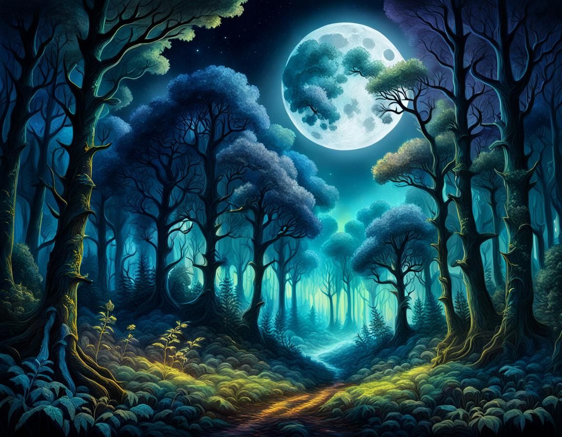 Moonlit Forest Fantasy Art in Mixed Media Style