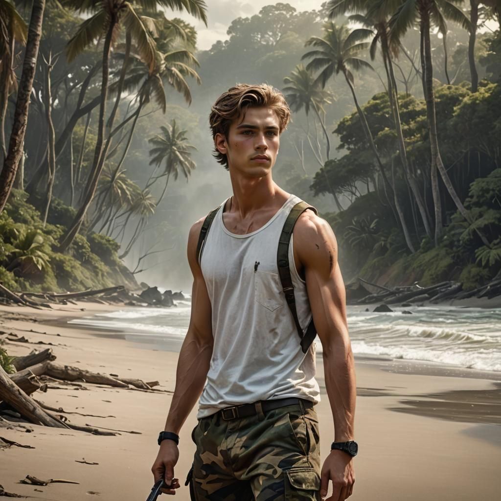 Handsome Young Man with Sword on Beach, Digital Painting