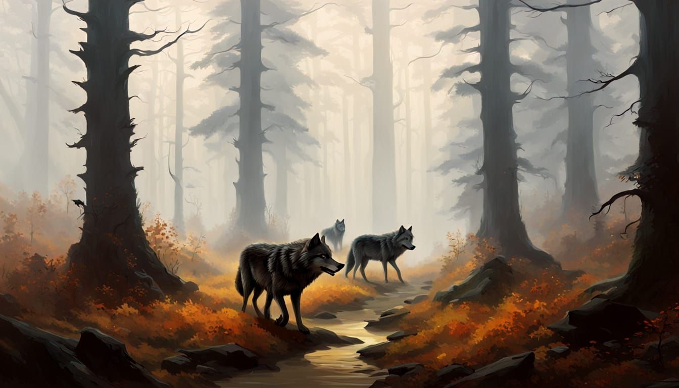 Wolf Pack in Misty Enchanted Forest Oil Painting