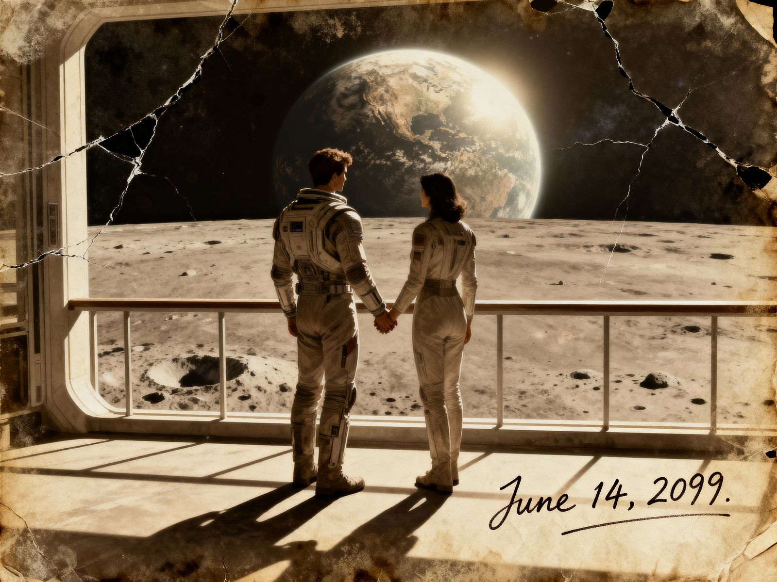 Couple on Lunar Balcony, Earthrise in Retro Sci-Fi Style