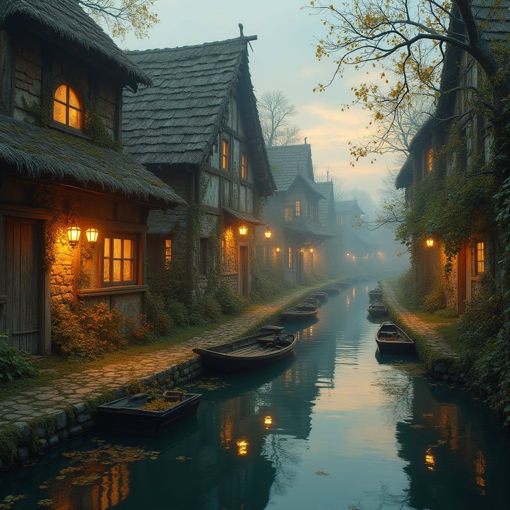 Whimsical Fantasy Village Amidst Glowing Vines