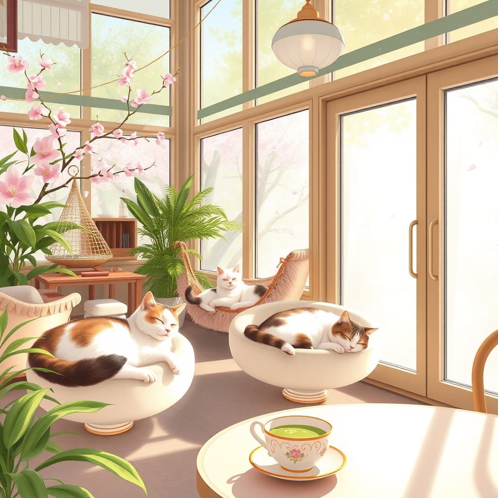 Whimsical Japanese Cat Café with Cherry Blossoms and Soft Pa...