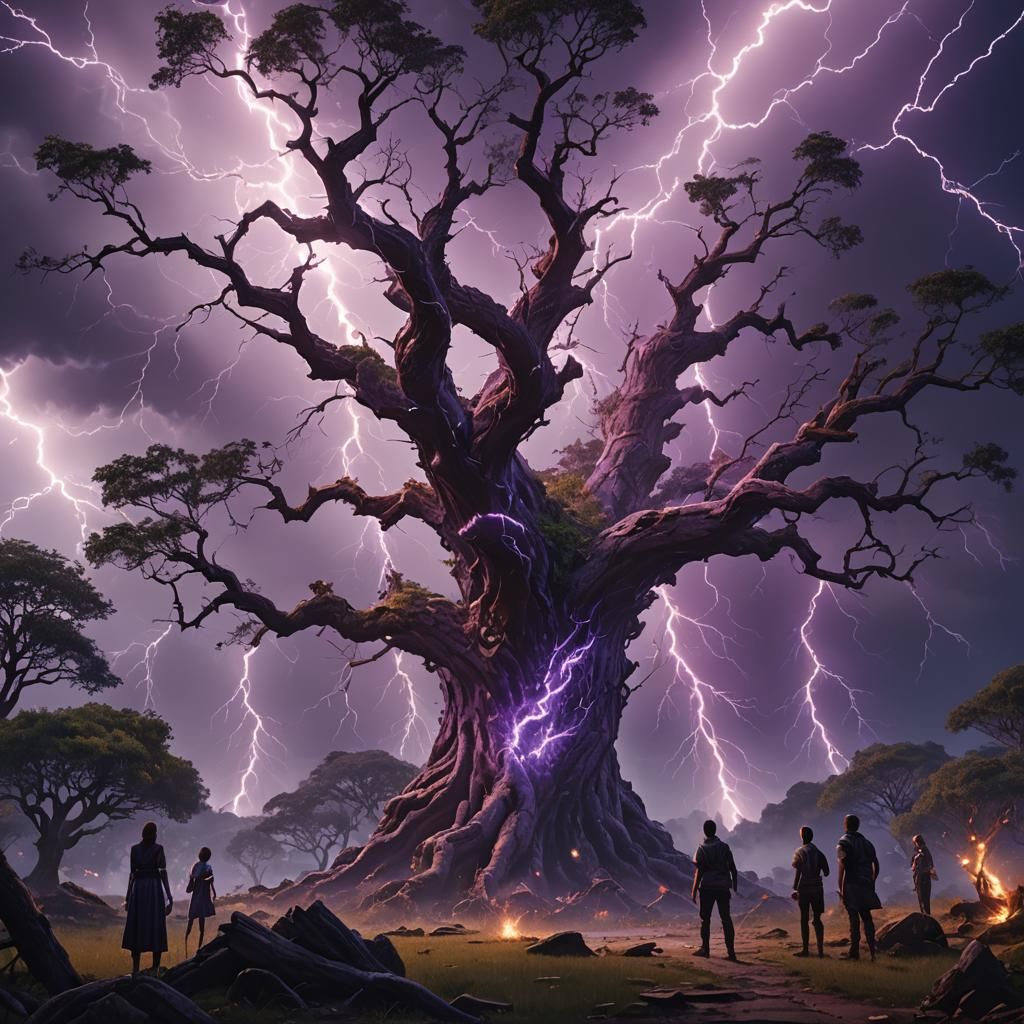 Violet Lightning Strikes Ancient Tree: Fantasy Art