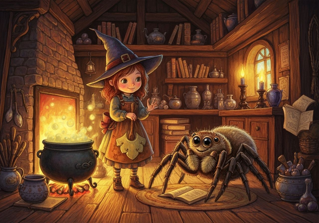Cute Witch and Jumping Spider in Cozy Hut