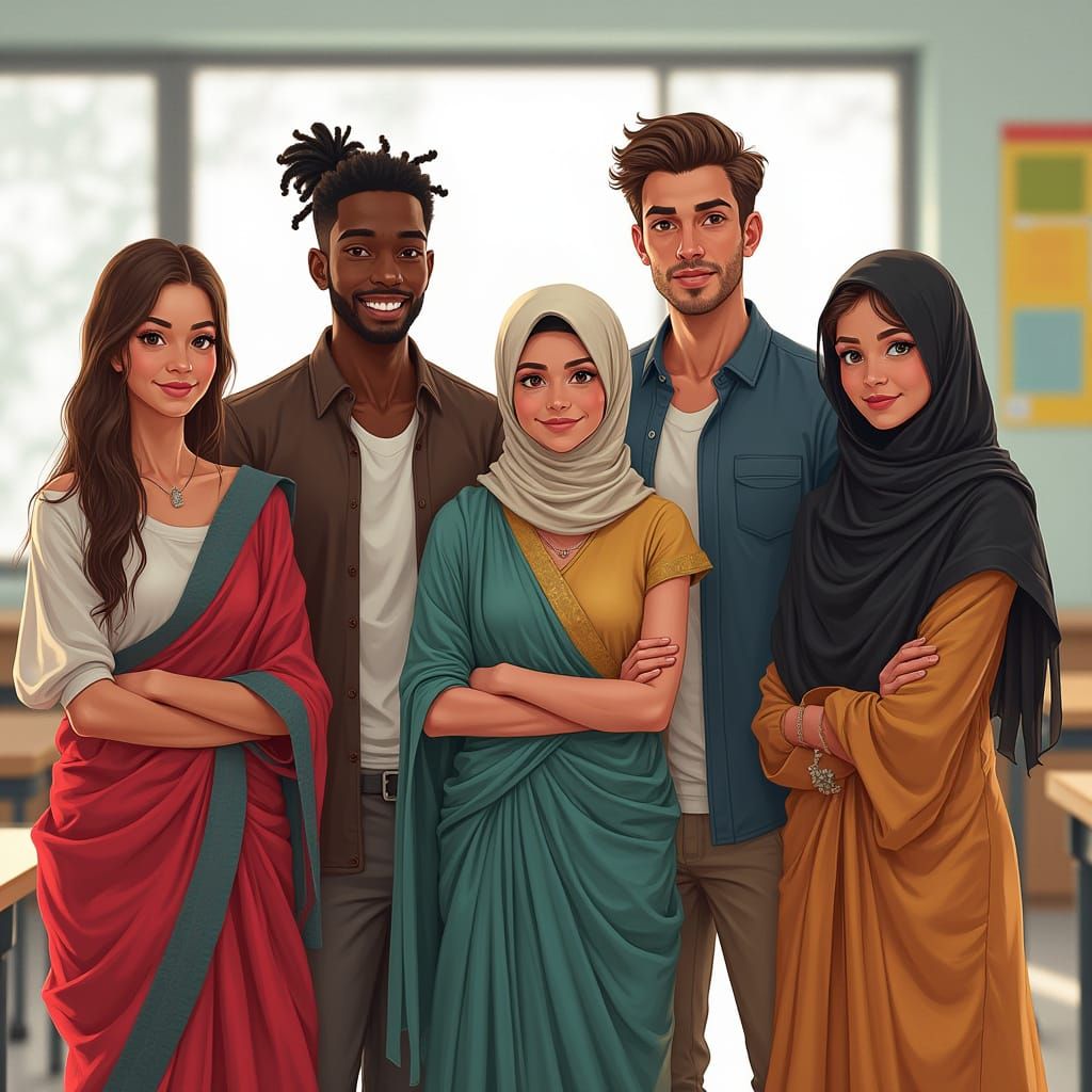 Diverse ESL Students in Vibrant Classroom, Digital Painting ...