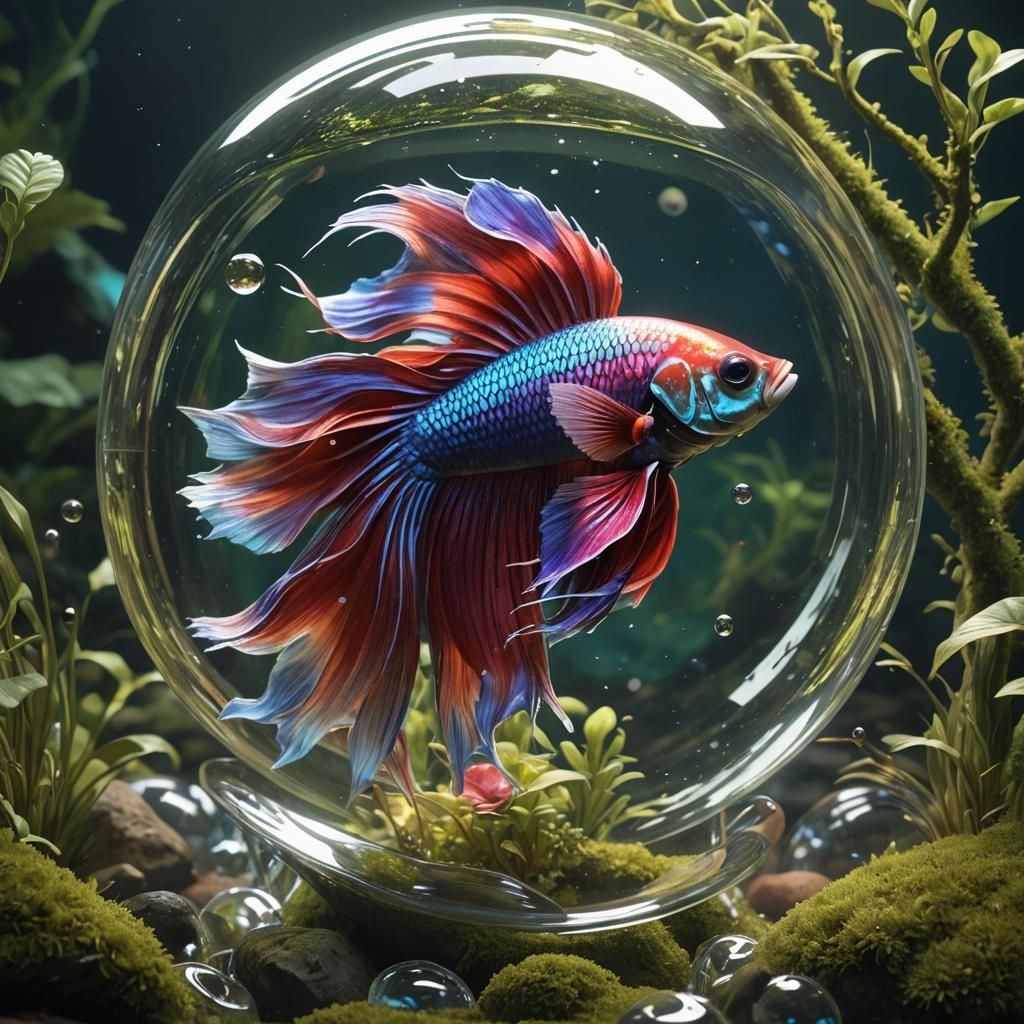 Colorful Betta Fish in Glass Bubble, 3D Render