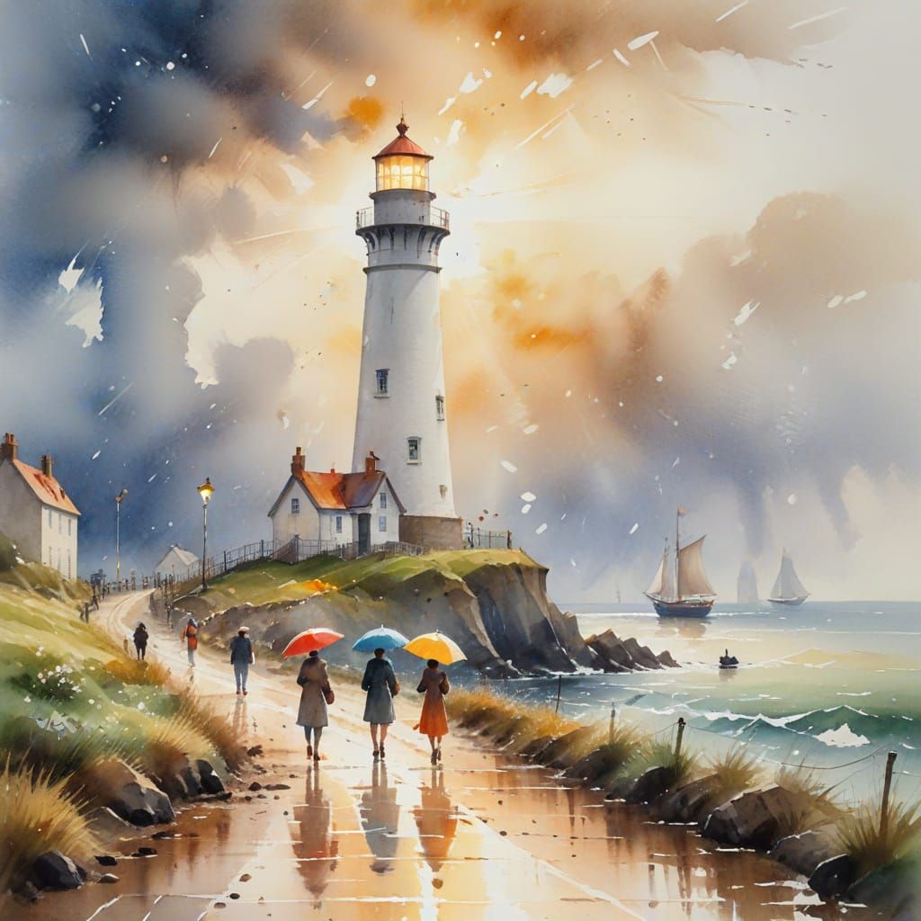 Rainy Coastline with Lighthouse and Ship in Watercolour