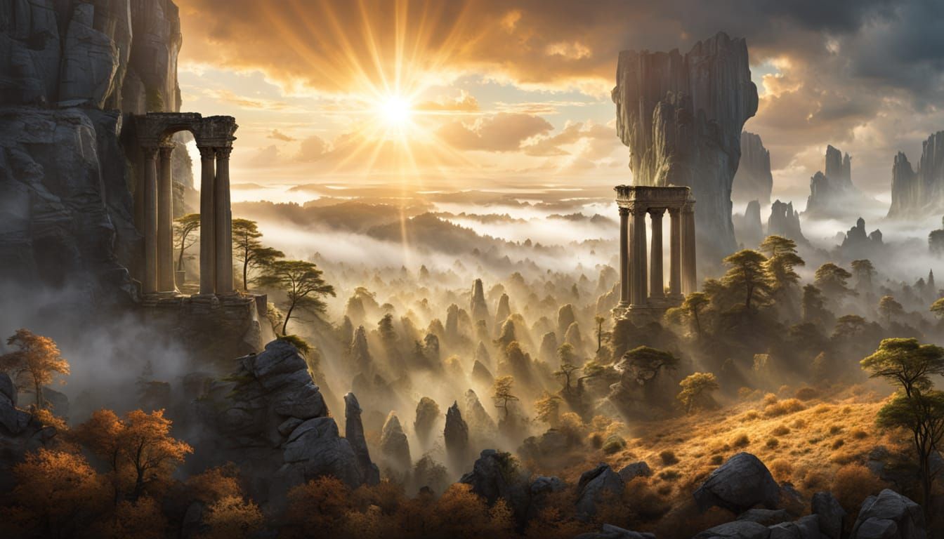Golden Hour Forest Landscape with Stone Pillars