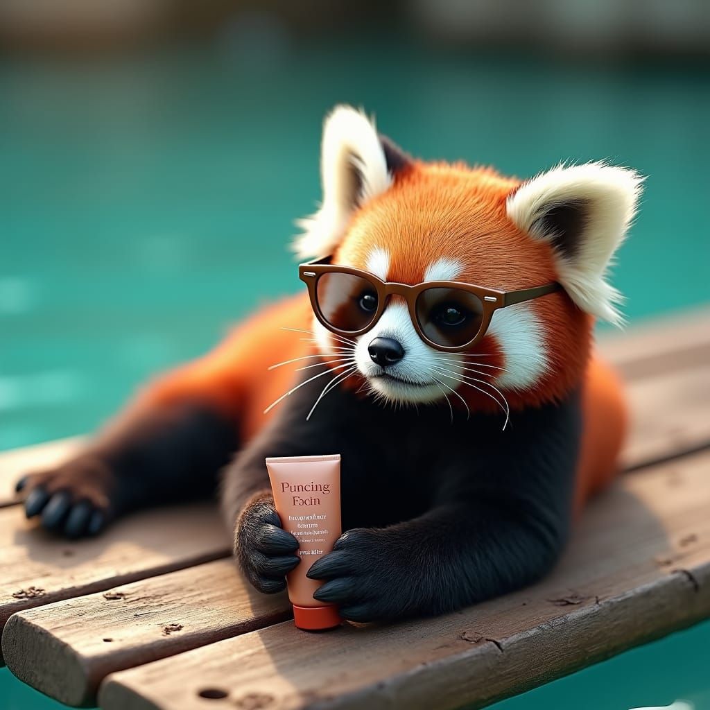 Red Panda Lounging on Raft: Digital Art