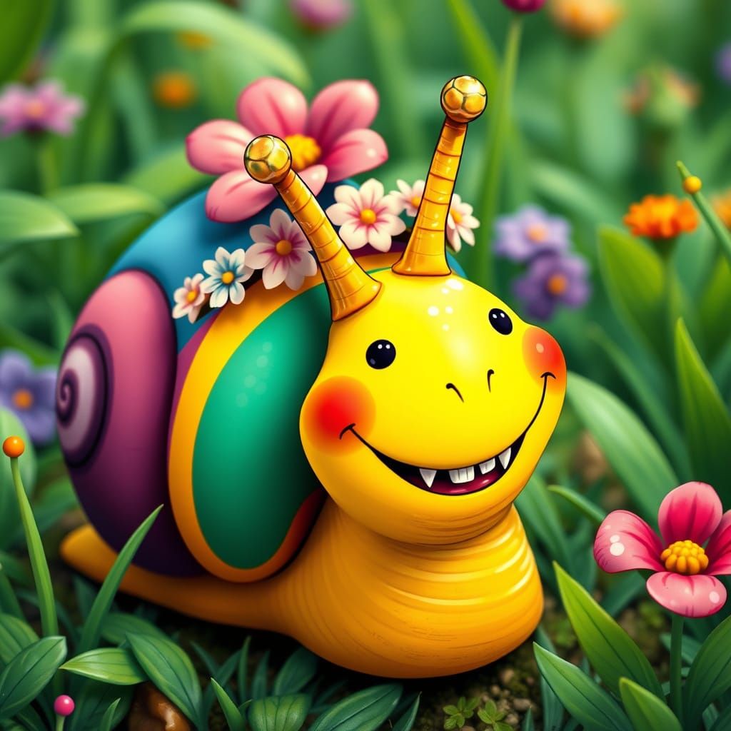 Smiling Snail with Horns and Teeth in Garden