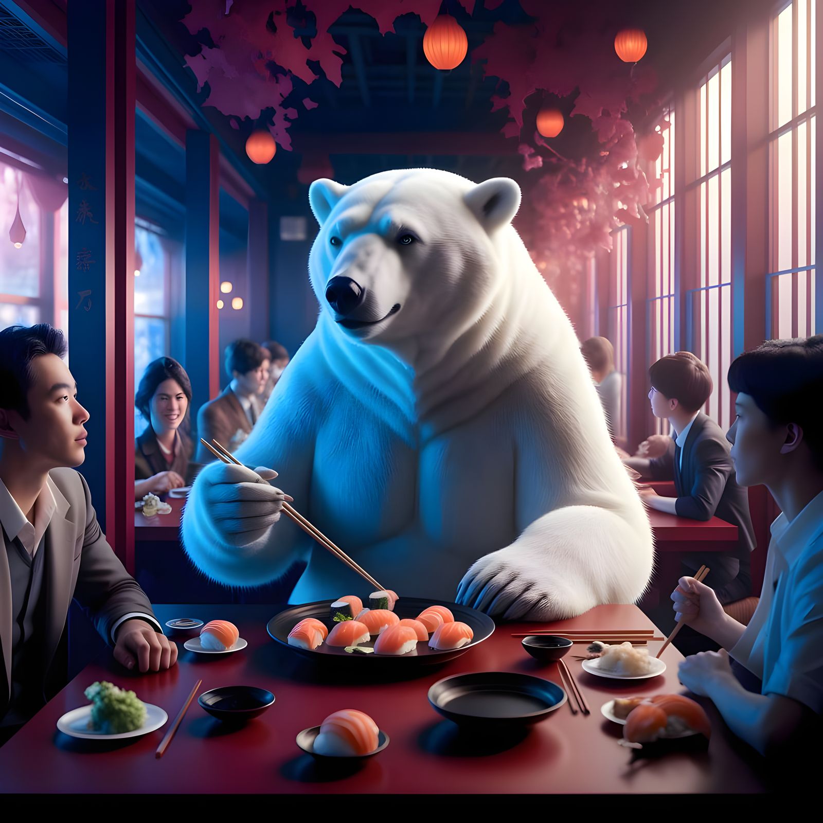 Majestic Polar Bear Sits Elegant in Japanese Restaurant with...