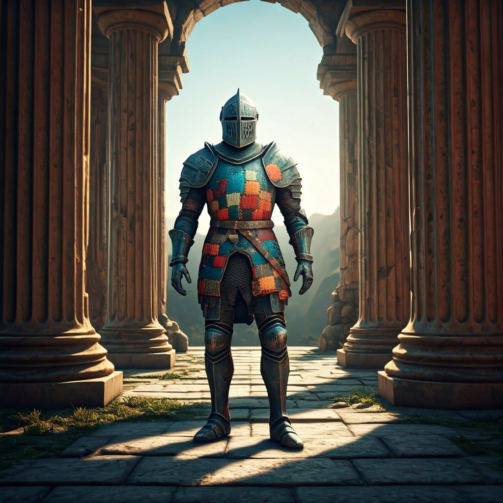 Surreal Knight in Ancient Greek Temple, Dreamy Fantasy Scene