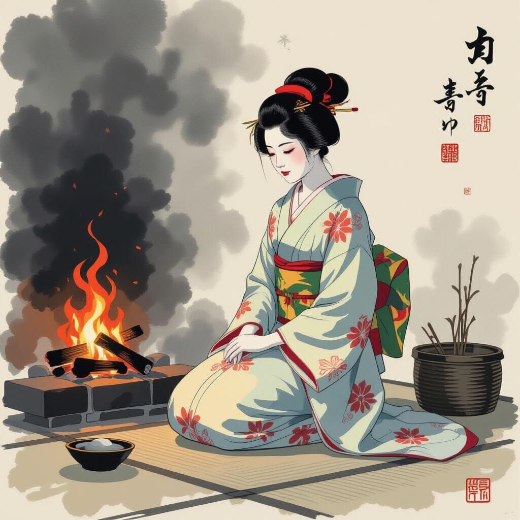 Japanese Woman by Fireplace in Ukiyo-e Style
