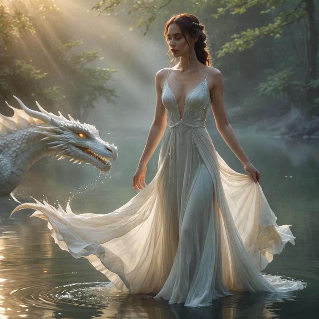 Woman and Luminous Dragon in Dreamy Lake