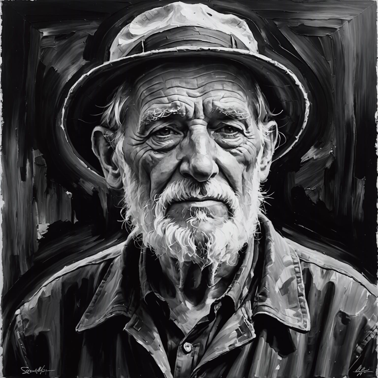 Monochrome Old Man Portrait as Impasto Oil Painting