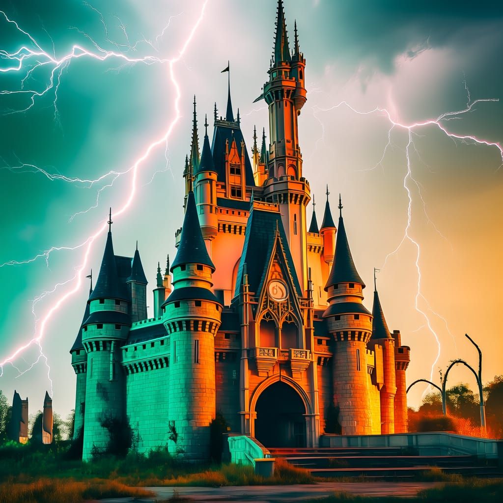Abandoned Disney Castle During Lightning Storm
