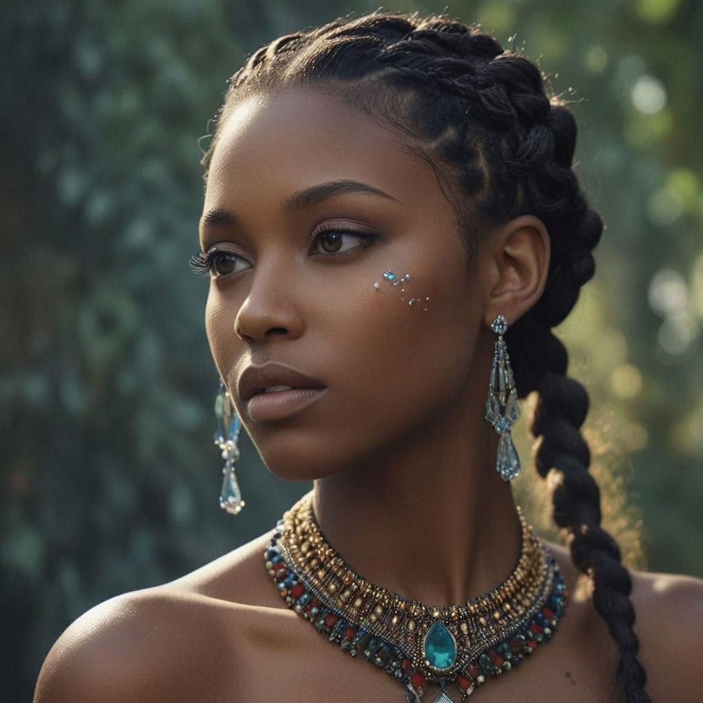 Hyperrealistic Young Woman Adorned with Jewel-Bird Hair
