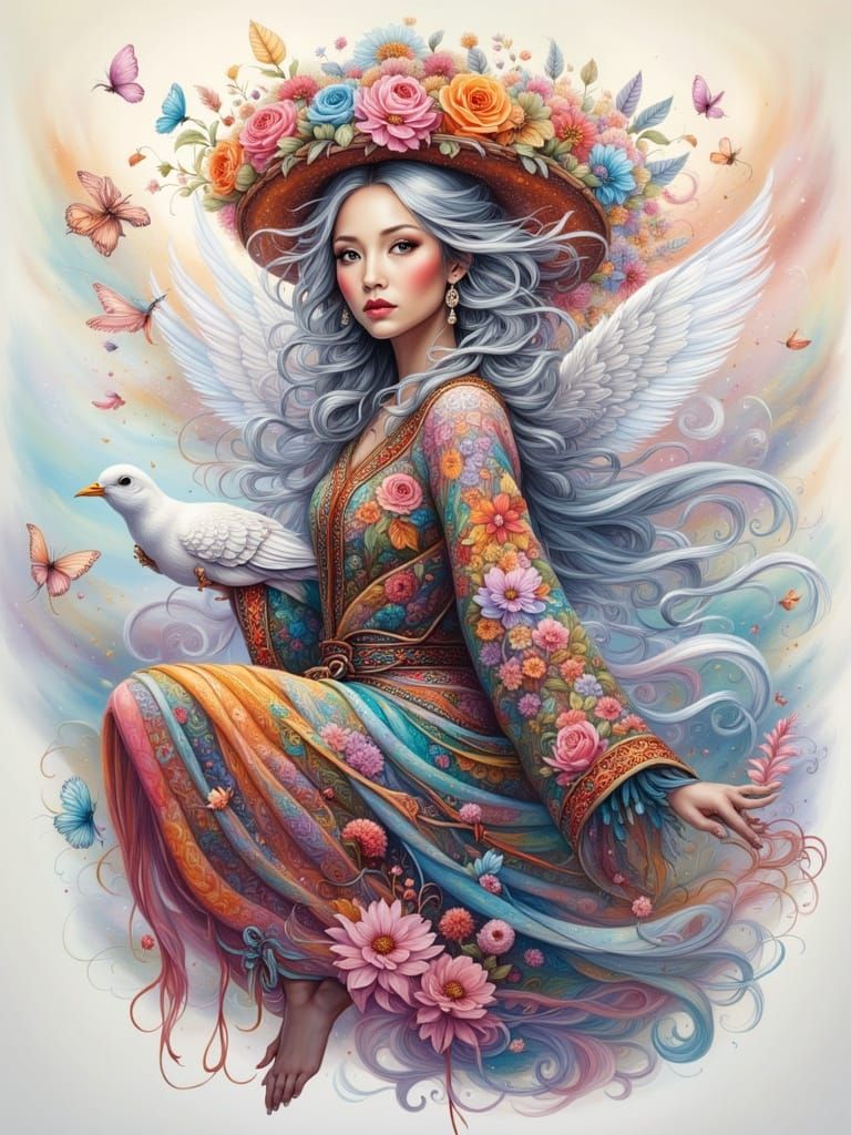 Bohemian Grandmother's Whimsical Flight on a Dove