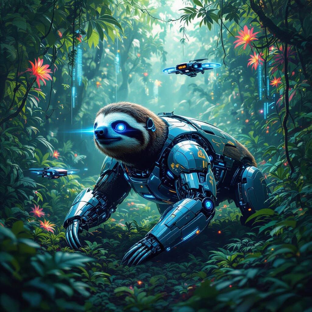 Cybernetic Sloth Explores Holographic Jungle