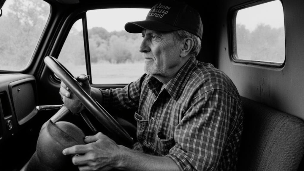 Dust Bowl Man Driving Vintage Chevy Truck Portrait