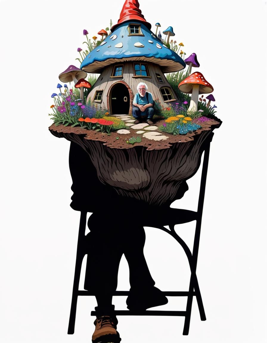 taciturn Bernie Sanders in the foreground as a garden gnome. Mushroom shaped house in the midground. wildflowers, lots ...