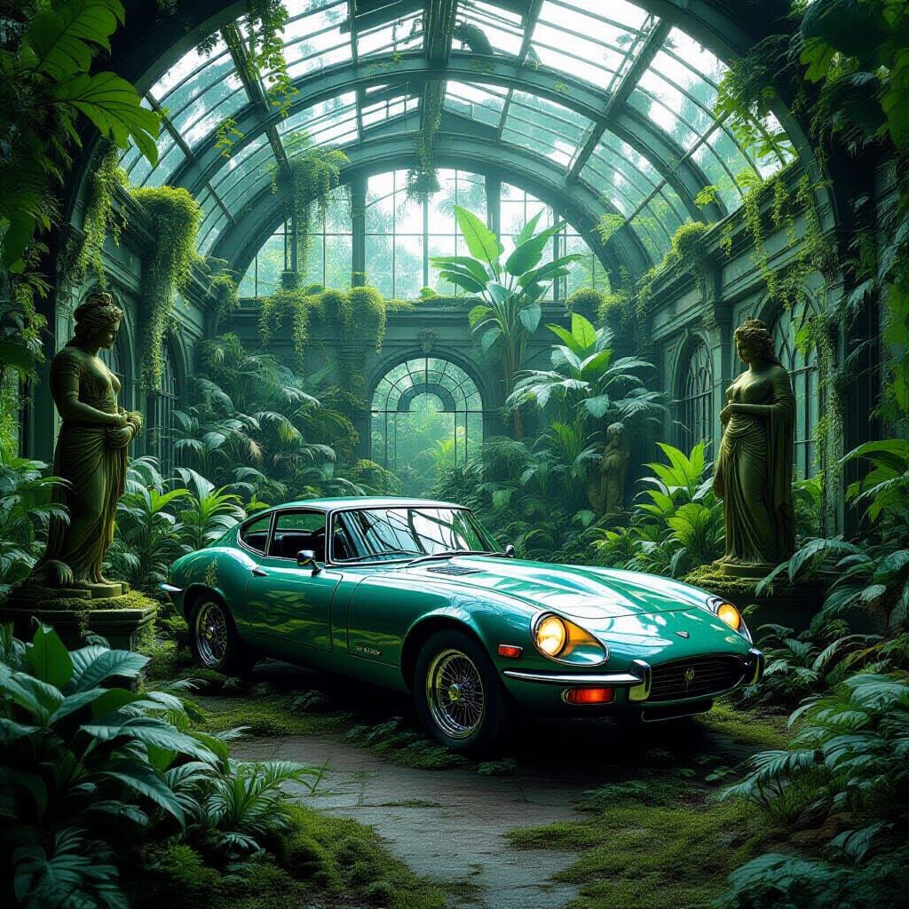 Overgrown Greenhouse Hides Vintage Car in Dark Fantasy Style