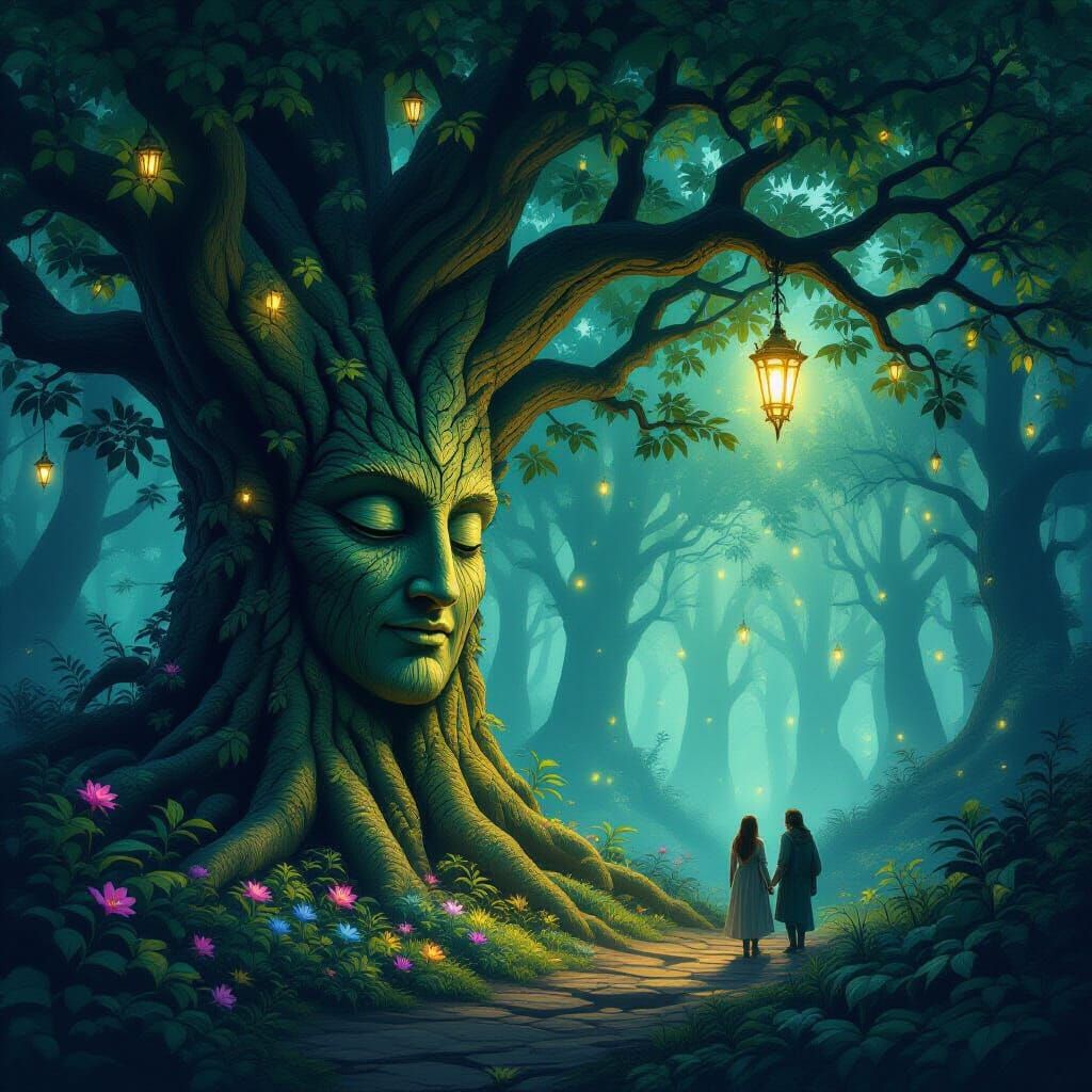 Sacred Grove of Ancient Trees with Faces, Mystical Forest