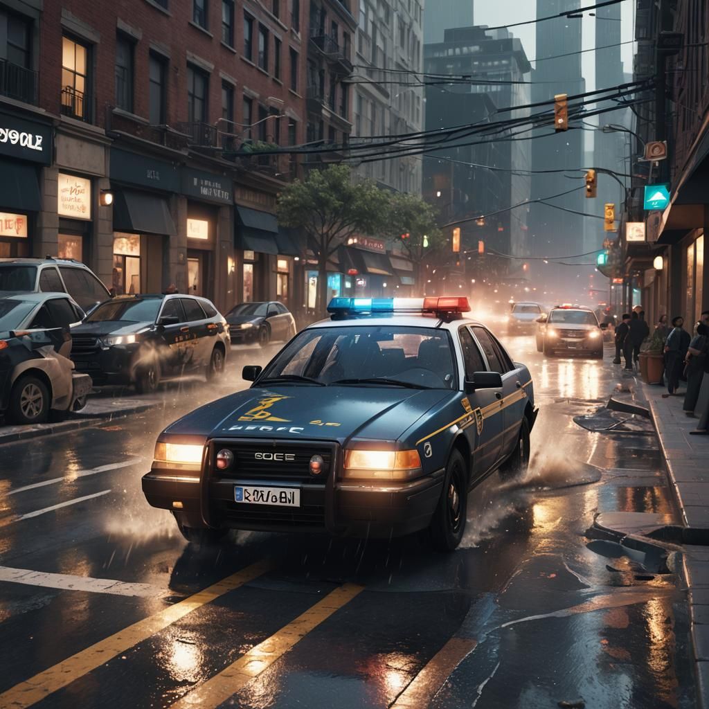 Police Car Skidding in Cityscape, Detailed Matte Painting