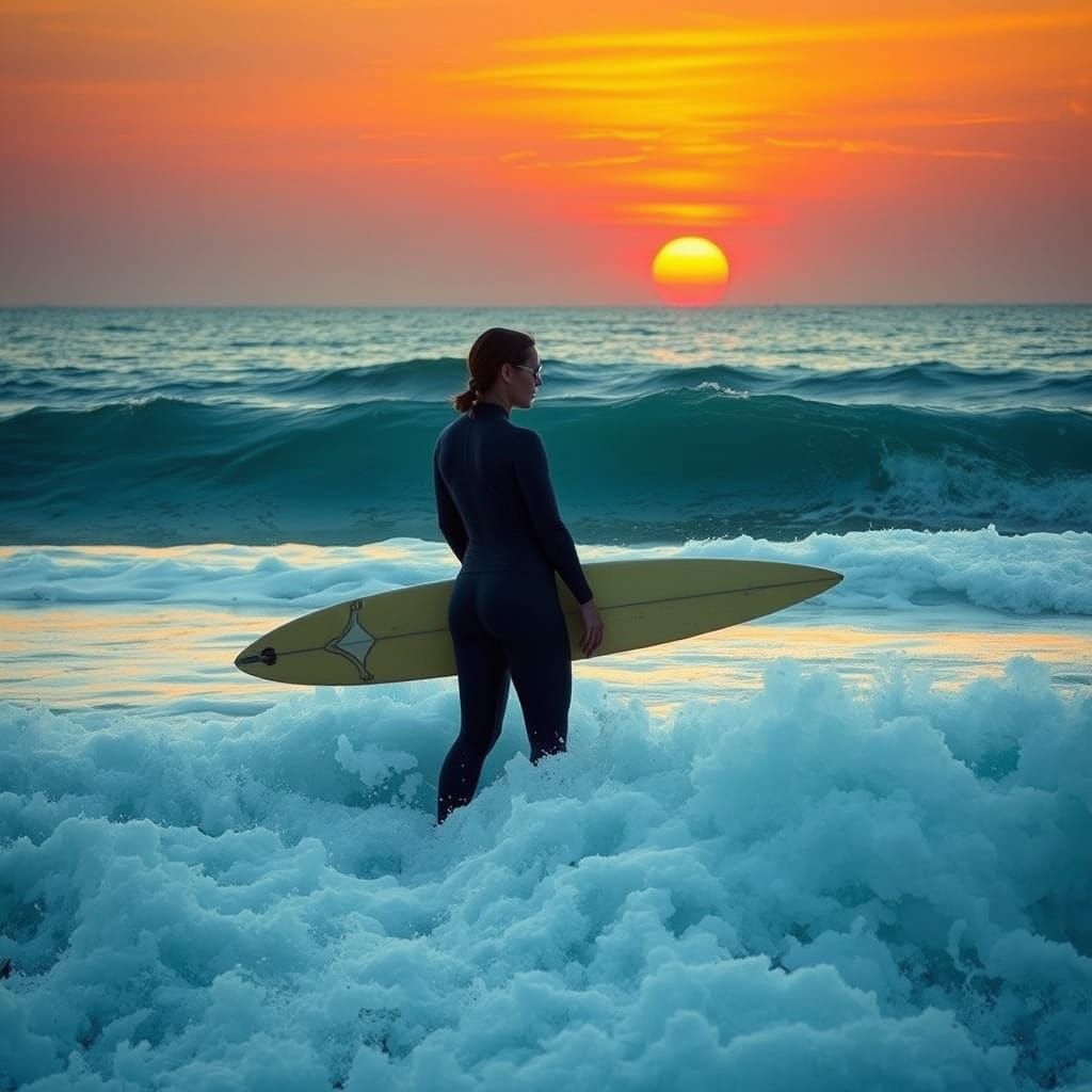 Contemplative Surfer at Sunset: Impressionistic Style