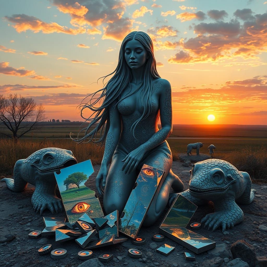Surreal Sculpture with Bio Art Collage and Sunset