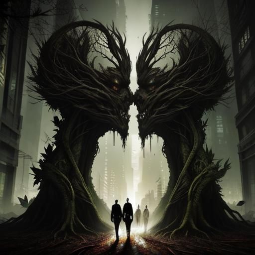 Surreal Double Exposure Creature in Dystopian Cityscape