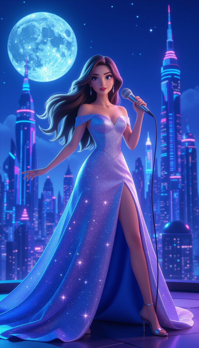 Woman in Starlight Gown Holds Mic in Lunar City