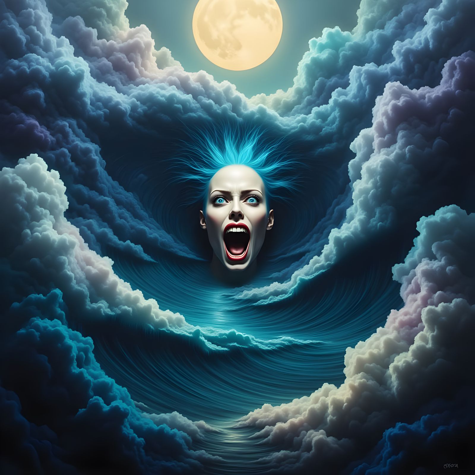 Surreal Hyperrealistic Skywave with a Frightened Face