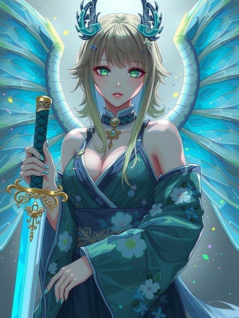 Anime Goddess with Green Hair and Ocean Blue Dragon Wings