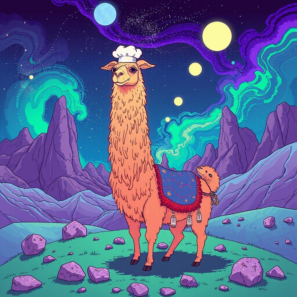 Psychedelic Llama Chef Adventure in Pixel Art Style