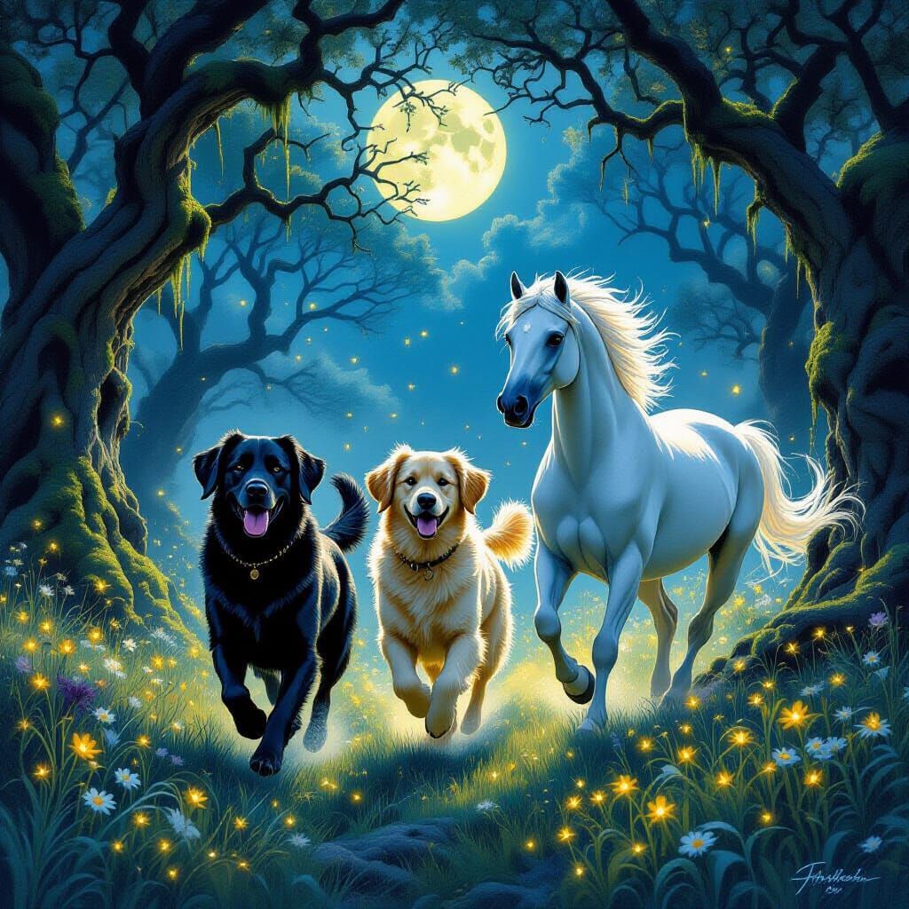 Dogs and Stallion in Enchanted Moonlit Forest